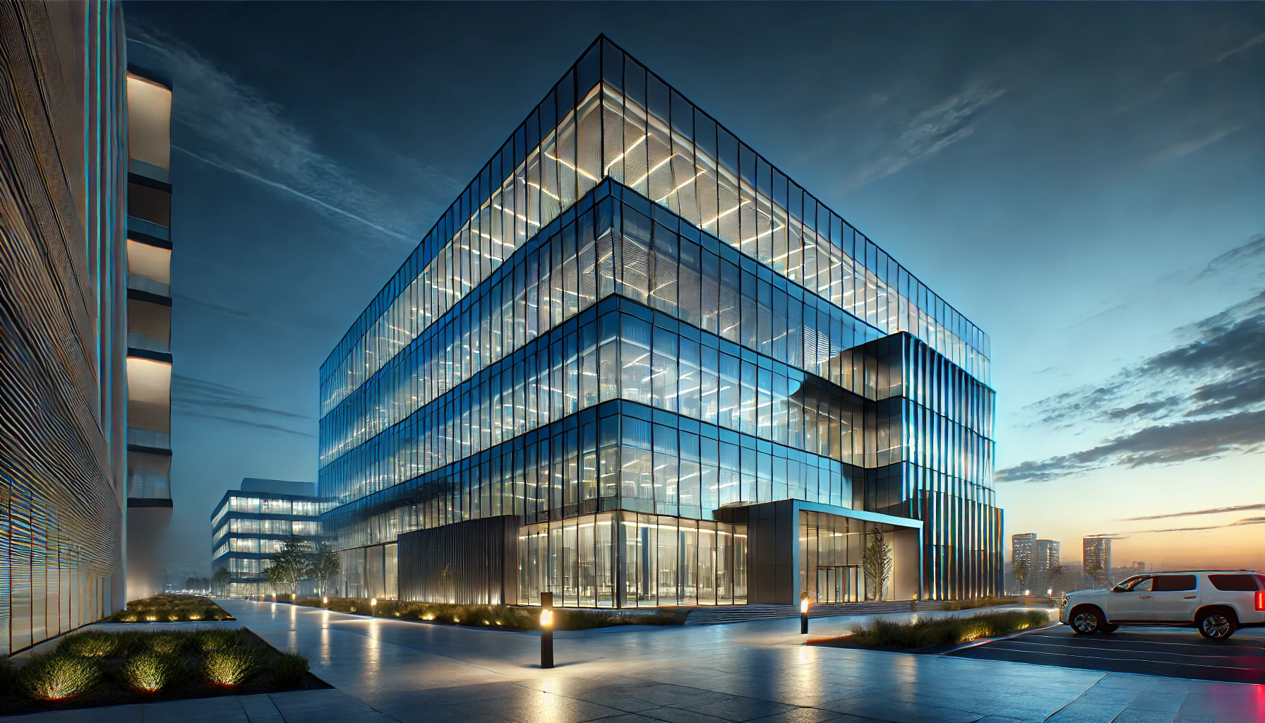 Modern architectural building with glass facade at dusk